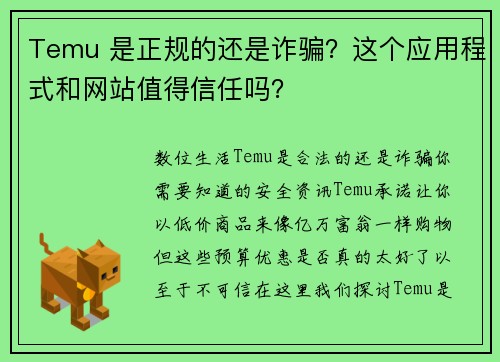 Temu 是正规的还是诈骗？这个应用程式和网站值得信任吗？